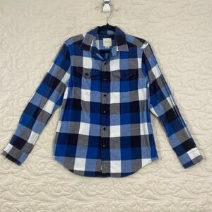 American Eagle Buffalo Plaid Flannel Button Down Shirt Mens Blue White Small